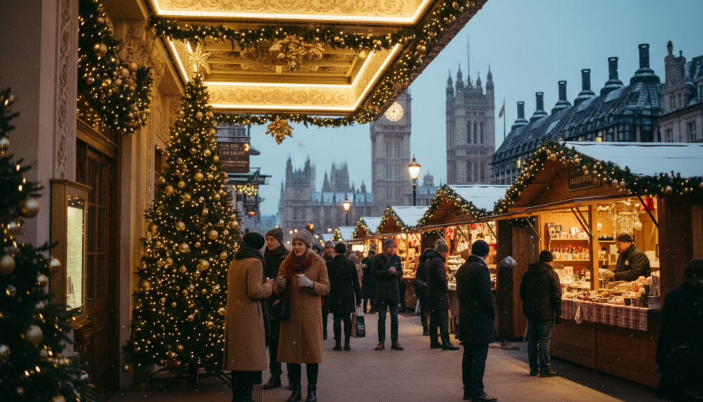 A beautiful winter scene capturing the essence of London's Christmas theater and holiday shows. In the foreground, an elegant theater entrance adorned with festive lights and a lavish Christmas tree, with people in stylish winter attire, eagerly waiting outside. The middle ground features a bustling Christmas market, with colorful stalls selling handcrafted gifts and warm beverages, surrounded by glowing fairy lights. The charming backdrop showcases iconic London architecture lightly dusted with snow, under a twilight sky filled with soft, golden hues from the street lamps. The atmosphere is warm and inviting, evoking a sense of joy and holiday spirit. The image should have cinematic lighting, highly detailed textures, and be presented in 8k resolution.