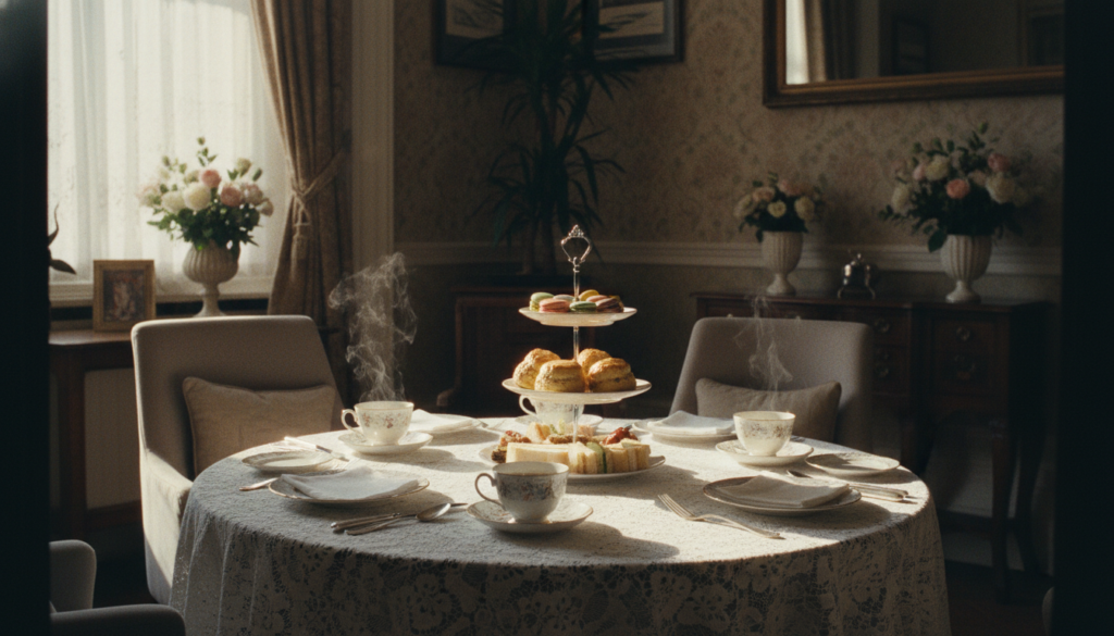 A beautifully arranged afternoon tea set on a round table, featuring an elegant lace tablecloth. In the foreground, delicate china cups filled with steaming tea, alongside a tiered cake stand adorned with an assortment of freshly baked scones, macarons, and finger sandwiches. The middle ground showcases an inviting setting with plush chairs and fine silverware, bathed in warm, golden afternoon light filtering through a large window. In the background, a classic London parlor with vintage decor and soft floral arrangements adds a charming touch. Capture the scene with intimate, cinematic lighting to evoke a cozy and sophisticated atmosphere, highlighting the textures of the food and the elegance of the setting. Ensure a clean composition with no text or distractions.