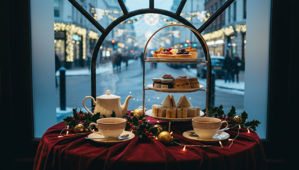 A beautifully arranged festive afternoon tea setting, featuring an elegant tiered stand overflowing with an assortment of delicate pastries, scones with clotted cream, and finely cut sandwiches. In the foreground, a fine china teapot and cups exude warmth, surrounded by sprigs of holly and festive decorations. The middle ground captures a cozy dining table adorned with a luxurious tablecloth and twinkling fairy lights. In the background, a softly lit window reveals a bustling London street decorated with Christmas lights, creating a magical, inviting atmosphere. The image is captured in 8k resolution, with cinematic lighting illuminating the scene, highlighting the rich textures and details of the treats, creating a warm, festive ambiance.