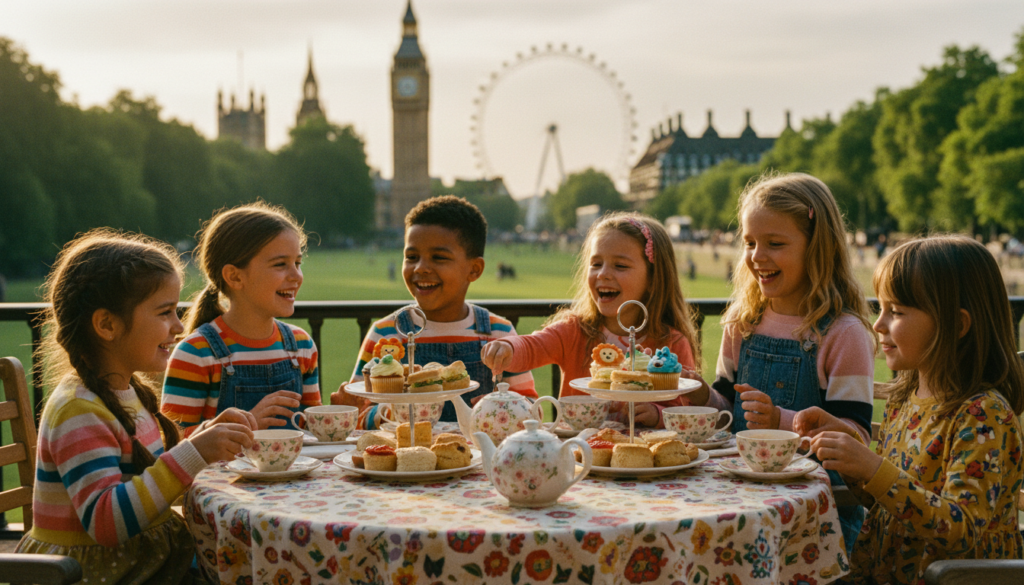 A beautifully arranged kid-friendly afternoon tea setting, featuring a round table adorned with a colorful tablecloth. In the foreground, there are whimsical tea sets with floral patterns, filled with herbal tea, alongside tiered stands piled high with an assortment of sweet and savory treats: miniature sandwiches, scones with jam, and cupcakes decorated with cartoon characters. The middle of the scene includes excited children, aged 6 to 10, dressed in casual, playful clothing, enjoying the treats, their faces bright with joy. The background showcases a charming London park, with greenery and a soft-focus view of iconic structures like Big Ben or the London Eye. The lighting is warm and inviting, creating a cozy, cheerful atmosphere, captured in a raw photograph style with cinematic lighting and 8k resolution.