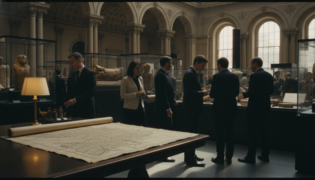 A beautifully curated scene inside a historic museum in London, showcasing elegant display cases filled with ancient artifacts, historical manuscripts, and intricate sculptures. In the foreground, a close-up of a detailed antique map spread across a dark wooden table, with soft warm lighting highlighting its textures. The middle ground features a diverse group of visitors, dressed in professional attire, admiring the collections and engaged in conversation, with a sense of wonder on their faces. The background is a grand gallery with high ceilings and ornate architecture, illuminated by natural light streaming through large windows, casting gentle shadows. The overall atmosphere is one of scholarly pursuit and discovery, evoking a sense of reverence for history, captured in stunning 8k resolution with cinematic lighting and highly detailed textures.