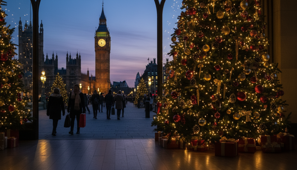 A beautifully decorated Christmas tree stands majestically in the foreground, adorned with twinkling fairy lights and rich ornaments, reflecting the joyful spirit of the holiday season. The middle ground features iconic London landmarks like the majestic Big Ben softly illuminated by warm, golden light, with people dressed in modest winter attire strolling beneath the twinkling city lights, creating a festive atmosphere. In the background, a dusky winter sky, painted with soft hues of purple and blue, complements the scene. The image captures a cozy yet lively mood, evoking the charm of Christmas in London. Shot in 8k resolution with cinematic lighting, the highly detailed textures bring to life the spirit of festive cheer, creating an inviting and warm holiday ambience.