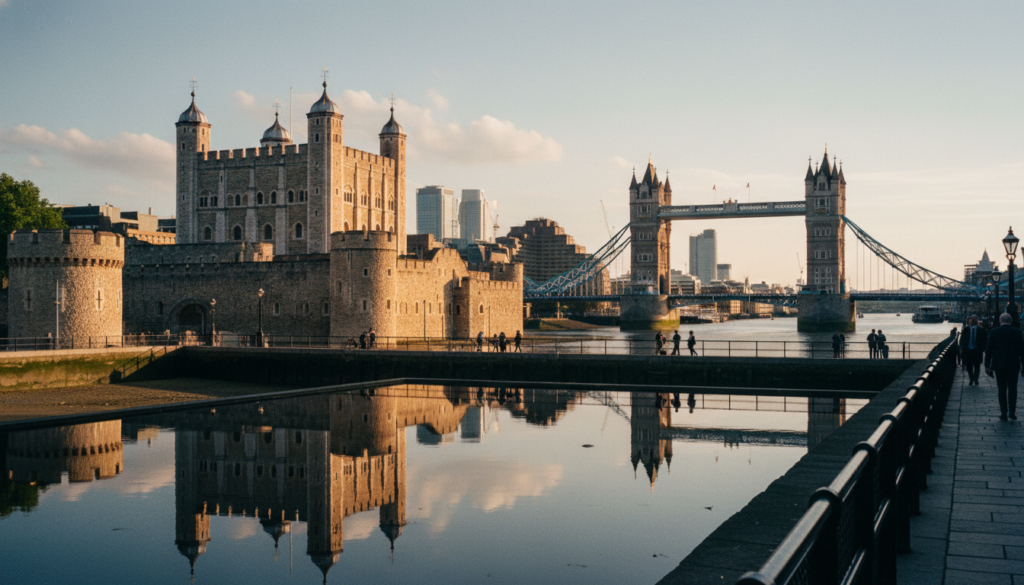 A breathtaking image of the Tower of London, capturing its historic stone walls and iconic architecture. In the foreground, the moat reflects the grandeur of the tower under soft, cinematic lighting, highlighting intricate textures of the bricks. The middle ground features the Tower Bridge, elegantly spanning the Thames River, with a few people dressed in professional attire walking along the riverside, appreciating the scenery. In the background, London’s skyline provides a modern contrast, with clouds gently drifting above. The entire scene exudes a sense of history and majesty, inviting viewers into the rich narratives of the tower, particularly its legends and the royal Crown Jewels. The image should be in 8k resolution, with a clear focus on details and depth.