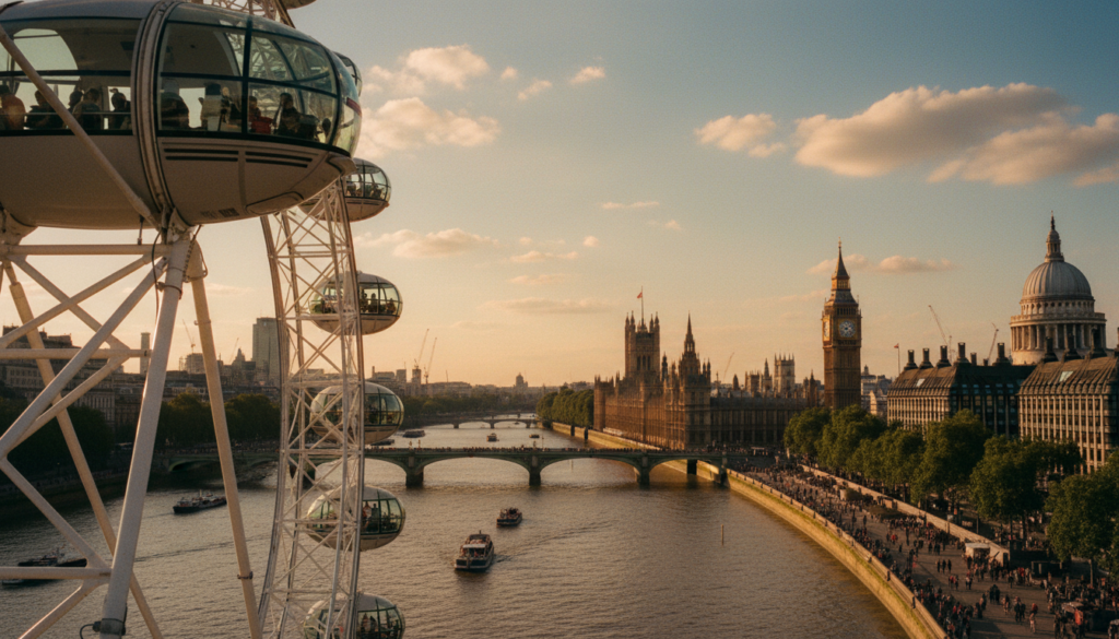 A breathtaking view from the London Eye, capturing an expansive panorama of London cityscape. In the foreground, the iconic ferris wheel's intricate structure stands tall, showcasing its elegant design. The middle ground reveals the River Thames winding through the city, with the vibrant and historic South Bank on one side, featuring families enjoying day activities. In the background, landmarks such as the Houses of Parliament and Big Ben rise majestically against a clear blue sky. Bathed in soft, golden hour lighting, the scene radiates warmth and joy, emphasizing the family-friendly atmosphere. The image should be detailed, with sharp textures and 8k resolution, creating a vivid, cinematic feel that invites viewers to explore London's highlights without extensive walking.