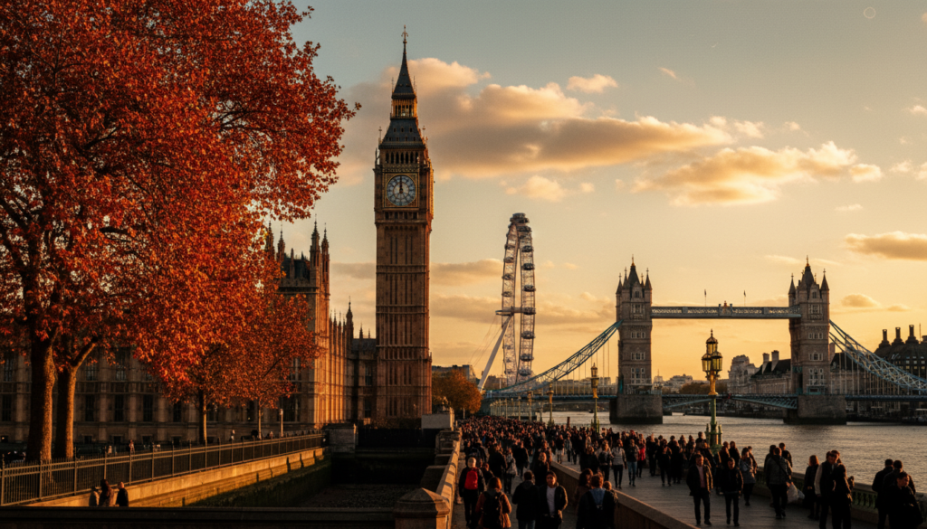 A breathtaking view of London's iconic tourist attractions, featuring the majestic Big Ben and the Houses of Parliament in the foreground, framed by vibrant autumn trees. In the middle ground, capture the London Eye gently rotating against a cloud-dotted sky and bustling tourists walking along the South Bank. The background showcases the historic Tower Bridge, bathed in warm, golden sunset lighting that creates a cinematic atmosphere. Use a wide-angle lens to emphasize the grandeur of the buildings and the lively ambiance of the city. The scene conveys a sense of adventure and excitement, inviting viewers to explore these unforgettable experiences in London. Highly detailed textures, 8k resolution.