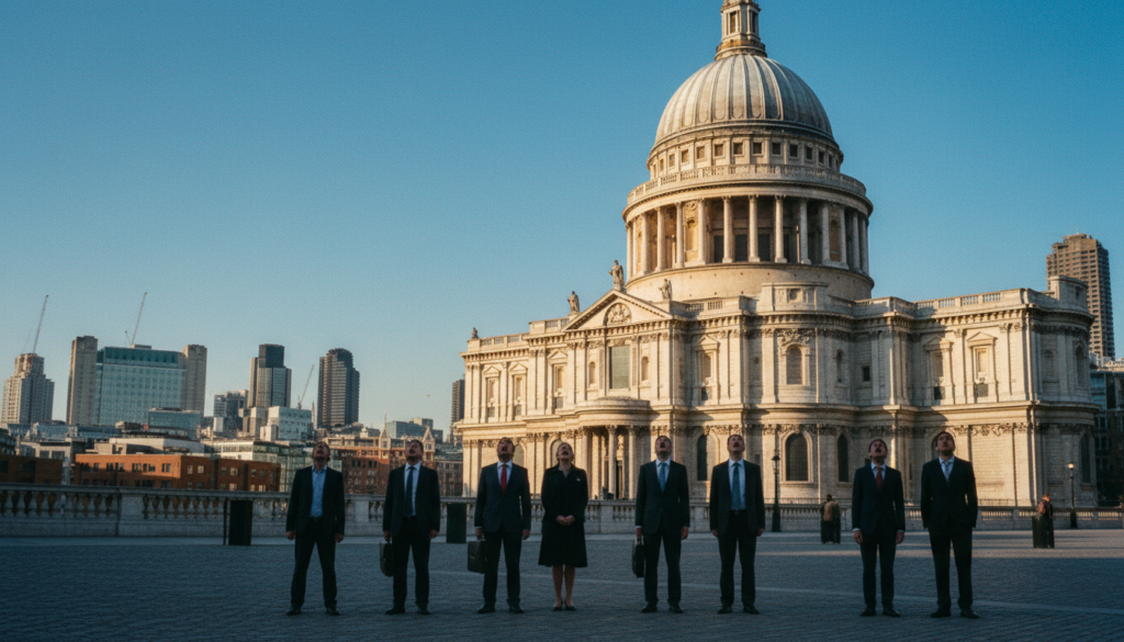 A breathtaking view of St. Paul’s Cathedral, showcasing its iconic dome rising majestically against a clear blue sky. The foreground captures a few visitors in professional attire gazing upwards, their expressions filled with awe at the architectural wonder. In the middle ground, the intricately detailed façade of the cathedral is highlighted, emphasizing the texture of the stone and the ornate sculptures adorning the entrance. The background features a hint of London’s skyline, adding context to the historical site. The image is illuminated with soft, cinematic lighting that enhances the overall grandeur of the scene. Shot with a wide-angle lens, it conveys a sense of scale and invites viewers to appreciate the stunning craftsmanship of this must-see attraction in London. The resolution is 8k for exceptional clarity.