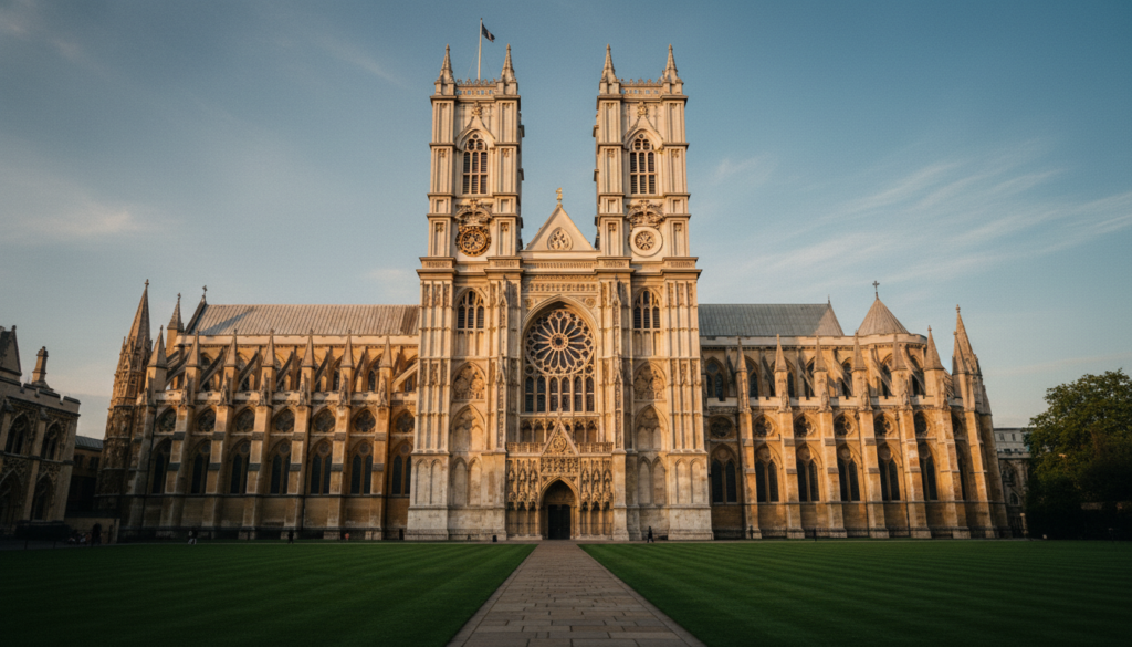A breathtaking view of Westminster Abbey, capturing its stunning Gothic architecture with intricate stone carvings and towering spires. In the foreground, a well-groomed manicured lawn invites visitors. In the middle, the grand entrance with ornate doors and majestic rose windows showcases the abbey's historical significance, while above, the iconic towers stretch toward a soft, blue sky. The scene is bathed in warm, golden cinematic lighting, highlighting the textures of the stone and the brilliance of the detailed facades. The atmosphere is serene yet solemn, reflecting the abbey's role in royal ceremonies and housing famous tombs. The composition is captured in a wide-angle format, emphasizing both the grandeur of the abbey and the surrounding peaceful environment, all rendered in stunning 8k resolution.