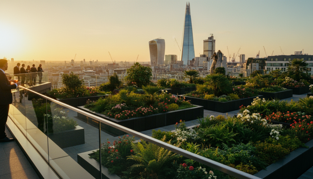 A breathtaking view of a sky garden in London, showcasing lush greenery and vibrant flowers. In the foreground, a modern glass railing frames the image, with visitors in professional business attire enjoying the skyline. The middle ground features a diverse array of plants and trees artfully arranged in geometric patterns, leading the eyes toward the breathtaking backdrop of London's iconic skyline, including the Shard and the Gherkin. The atmosphere is warm and inviting, bathed in soft, golden-hour light that highlights the textures of the foliage and the shimmering reflections of the buildings. The scene has a cinematic quality, captured in 8k resolution with meticulous detail, emphasizing the harmony between nature and urban architecture. A breathtaking view of a sky garden in London, showcasing lush greenery and vibrant flowers. In the foreground, a modern glass railing frames the image, with visitors in professional business attire enjoying the skyline. The middle ground features a diverse array of plants and trees artfully arranged in geometric patterns, leading the eyes toward the breathtaking backdrop of London's iconic skyline, including the Shard and the Gherkin. The atmosphere is warm and inviting, bathed in soft, golden-hour light that highlights the textures of the foliage and the shimmering reflections of the buildings. The scene has a cinematic quality, captured in 8k resolution with meticulous detail, emphasizing the harmony between nature and urban architecture.