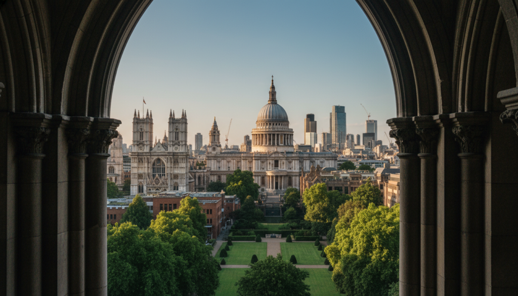 A breathtaking view of historic churches and cathedrals in London. In the foreground, intricate stonework and weathered arches frame the scene, highlighting the details of centuries-old architecture. The middle ground features iconic structures like St. Paul's Cathedral with its grand dome and Gothic elements, and Westminster Abbey with its stunning façade. Lush green gardens surround these landmarks, providing a serene ambiance. In the background, the London skyline contrasts with the historic buildings, showcasing the blend of the old and new. The scene is illuminated by warm, golden hour sunlight, casting long shadows and enhancing the textures of the stone. Captured with a wide-angle lens, this highly detailed 8k resolution image conveys a sense of reverence and history, inviting viewers to explore these monumental treasures.