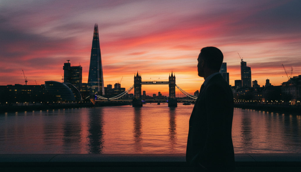 A breathtaking view of the London skyline at dusk, showcasing iconic landmarks such as the Shard, the London Eye, and Tower Bridge against a dramatic sunset sky. In the foreground, a silhouette of a person in smart business attire gazes towards the horizon, adding a sense of perspective. The middle ground features a serene body of water reflecting the shimmering lights of the city. The background displays the intricate details of the skyline, with vibrant hues of orange, pink, and purple casting a magical glow over the scene. Capture this moment with a raw photograph style, using cinematic lighting and highly detailed textures to emphasize the grandeur of London, rendered in 8k resolution for maximum clarity and impact.