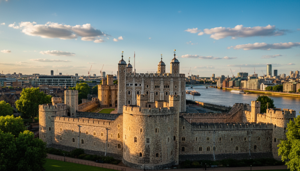 A breathtaking view of the Tower of London, an iconic historic castle, majestically standing on the banks of the Thames River. In the foreground, intricate details of the castle's ancient stonework and towers glisten in soft, golden sunlight. The middle ground features the lush greenery of nearby gardens, contrasting with the muted grays of the castle. In the background, the shimmering Thames River reflects the vibrant blue sky, dotted with fluffy white clouds. The scene is captured in a cinematic wide-angle shot, emphasizing the grandeur of the castle against London's skyline. The atmosphere is serene yet awe-inspiring, showcasing the rich history and architectural beauty of this historic landmark. The image is highly detailed, rendered in 8k resolution with dramatic lighting that enhances the textures of the stone and the rippling water.