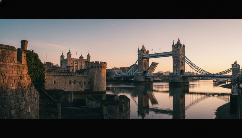 A breathtaking view of the Tower of London and Tower Bridge at dawn, showcasing their iconic architecture. In the foreground, the ancient stone walls of the Tower of London are richly detailed, with subtle textures of weathered stone and ivy creeping along its edges. In the middle, Tower Bridge stands majestically, its bascules lifted, with clear reflections shimmering in the Thames River below. The background features a soft, pastel sky illuminated by the early morning light, casting a warm glow on the entire scene. Use cinematic lighting to enhance the textures, focusing on high contrast and depth. Capture this image in 8k resolution, from a low angle to emphasize the grandeur of both structures, creating an atmosphere of historical significance and allure.