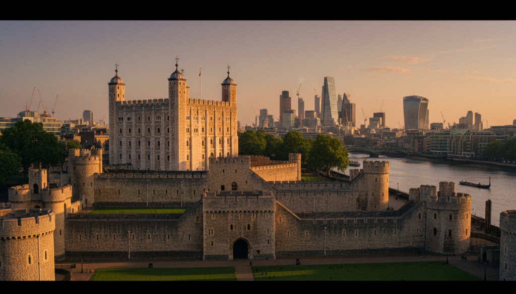 A breathtaking view of the Tower of London, showcasing its iconic medieval architecture, with both the White Tower and surrounding fortifications prominently featured in the foreground. The middle ground includes lush green lawns and the River Thames, reflecting the castle's rich history. In the background, the skyline of modern London can be seen, emphasizing the blend of old and new. The scene is captured in warm, golden hour lighting, creating a cinematic atmosphere that enhances the tower's intricate stone textures and details. The image conveys a sense of majesty and awe, inviting viewers to explore one of London's most significant landmarks. Photographed in ultra-high-definition 8k resolution for unmatched clarity and realism.