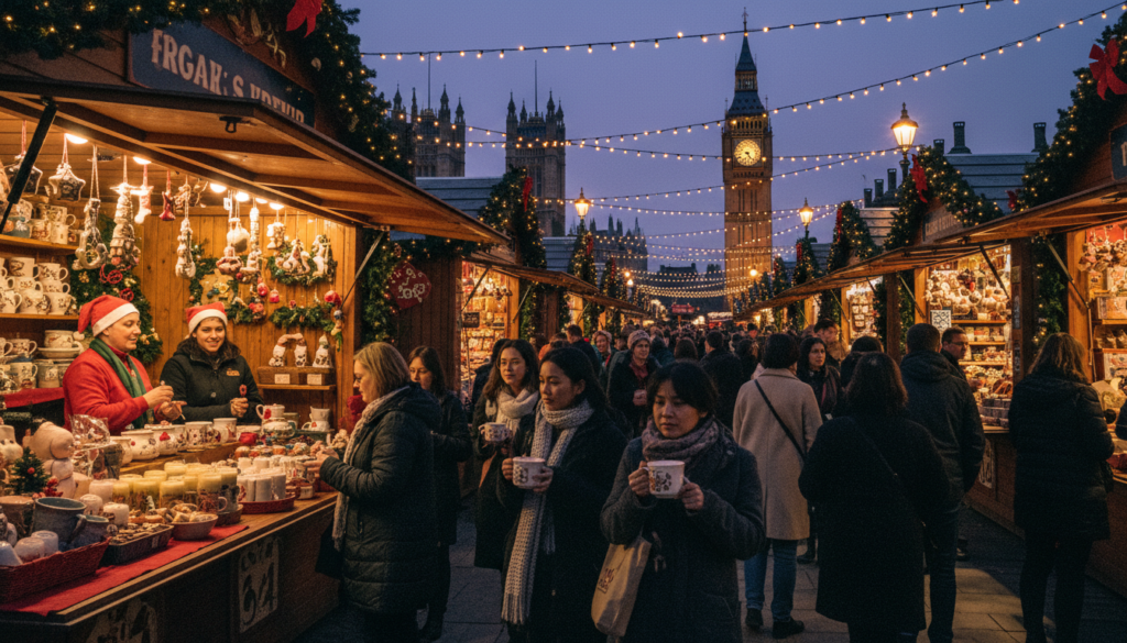 A bustling Christmas market in London, illuminated by twinkling fairy lights and colorful stalls, showcasing handcrafted gifts and seasonal treats. In the foreground, a diverse group of people in cozy winter attire, some holding steaming mugs of hot chocolate, while others examine handmade ornaments and candles. The middle ground features festive market stalls adorned with evergreen garlands and vibrant decorations, enticing visitors with an array of delicious food and drinks. The background reveals historical London architecture softly lit by the warm glow of street lamps, with a hint of a twilight sky transitioning to night. Capture this scene with a cinematic approach using a wide-angle lens to highlight the lively atmosphere, ensuring highly detailed textures of the stalls and characters, in 8k resolution with a warm, inviting mood.