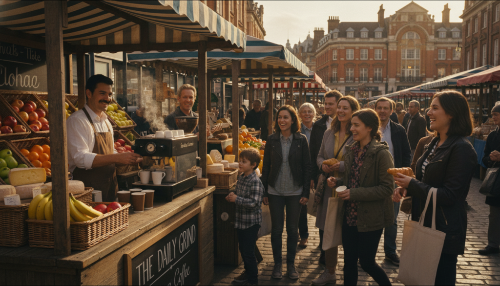 A bustling London market scene in an outdoor setting, featuring vibrant stalls filled with fresh produce, artisan cheeses, and street foods. In the foreground, a smiling vendor serves gourmet coffee to a diverse group of casually dressed tourists, showcasing their excitement. The middle layer highlights colorful awnings and baskets overflowing with fruits, while people browse and interact around the stalls, creating a lively atmosphere. In the background, historic buildings typical of London create a picturesque skyline under soft, cinematic lighting, enhancing the overall warmth and engagement of the scene. The view is captured at a slight angle, emphasizing depth and inviting the viewer into this unforgettable market experience. Highly detailed textures and 8k resolution bring the scene to life.