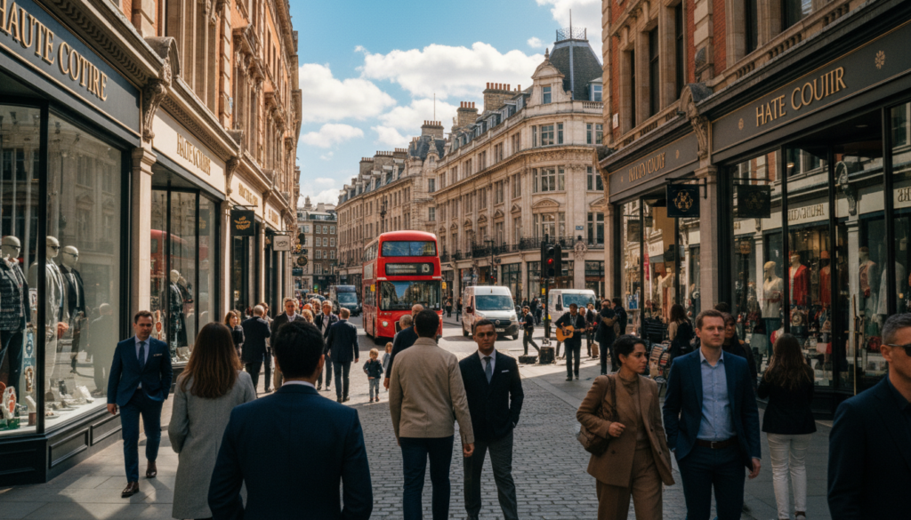 A bustling London shopping street scene during a vibrant afternoon. In the foreground, a diverse group of shoppers in stylish, professional attire browses through colorful shop windows filled with luxury goods. Visible shops include high-end fashion boutiques and quaint local stores. In the middle ground, the iconic features of London, like red double-decker buses and animated street performers, add to the lively atmosphere. The background showcases historic buildings with classic architecture, under a bright blue sky with fluffy white clouds. Utilize cinematic lighting to highlight the textures of the buildings and the excitement of the shoppers, and capture this in stunning 8k resolution with a slight downward angle to emphasize the busy street life. The mood is energetic and inviting, perfect for inspiring a shopping adventure.
