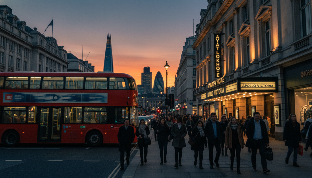 A bustling London street scene showcasing iconic theatre and entertainment venues. In the foreground, a vibrant red double-decker bus glides past, while pedestrians in smart casual clothing walk along the sidewalk, some carrying shopping bags. The middle ground features renowned theatres like the Royal Opera House and Apollo Victoria Theatre, their ornate facades illuminated by warm, inviting lights. The background showcases the silhouette of London's skyline at dusk, with a deep blue and orange sky, hinting at the vibrancy of the city's nightlife. Cinematic lighting highlights the intricate details of the theatre architecture and creates dynamic shadows. The image should be rendered in 8k resolution, capturing the lively atmosphere of London's entertainment culture with highly detailed textures.