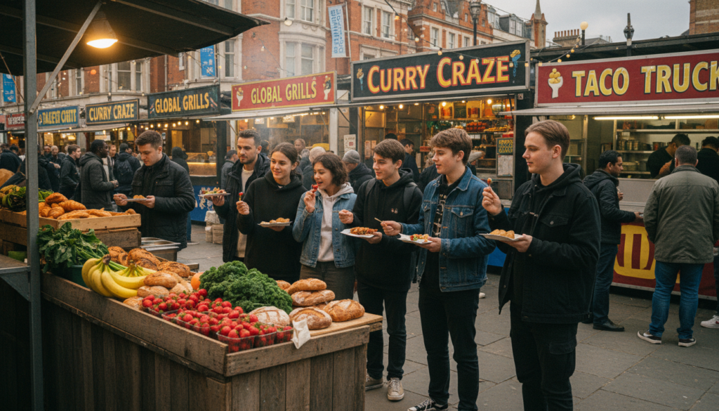 A bustling food market in London, filled with vibrant stalls showcasing an array of delicious street food. In the foreground, a wooden stall displays colorful fresh fruits and vegetables, with artisanal breads and pastries. Teenagers excitedly sample food from various vendors, dressed in casual clothing suitable for a lively day out. The middle ground features multiple food stalls adorned with bright signage, serving a variety of international cuisines, creating a rich tapestry of colors. In the background, historic buildings and the lively chatter of customers create an energetic atmosphere. The scene is illuminated by warm, cinematic lighting, capturing the textures of the food and the excitement of the market. The image should be highly detailed, with an 8k resolution, showcasing the joy and diversity of London’s food culture.