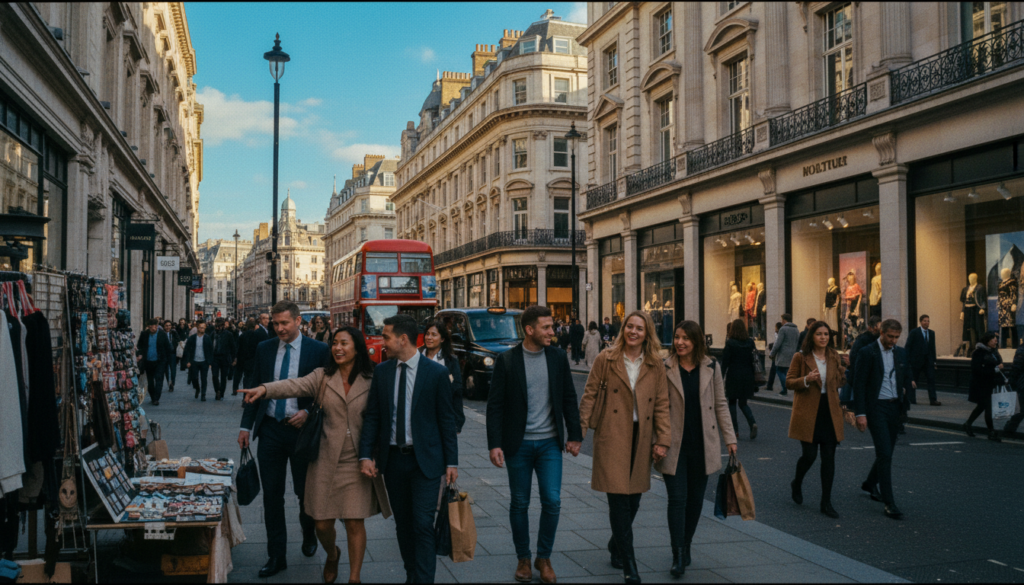 A bustling high street in London during a vibrant afternoon, filled with shoppers and iconic storefronts. In the foreground, a diverse group of individuals in professional business attire and modest casual clothing is engaged in exploration and conversation, holding shopping bags. The middle ground features well-known retail shops and boutiques with colorful display windows, and a classic red double-decker bus passes by. The background showcases historic London architecture and a clear blue sky, providing a picturesque urban scene. The composition is captured with a wide-angle lens to emphasize the lively atmosphere, enhanced by cinematic lighting that highlights the textures of the buildings and the energy of the crowd, all presented in stunning 8k resolution for an immersive visual experience.