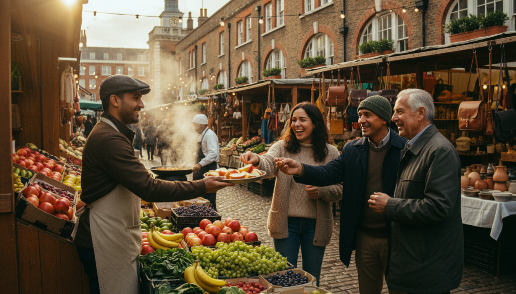 A bustling open-air market in London, filled with vibrant stalls brimming with colorful fruits, vegetables, and local street food delicacies. In the foreground, a vendor enthusiastically shares samples with a diverse group of people in modest casual clothing, capturing the essence of community and camaraderie. The middle ground features a variety of stalls showcasing handmade crafts and artisanal goods, while the background reveals charming brick buildings typical of London architecture. The scene is bathed in warm, golden cinematic lighting, evoking a lively and inviting atmosphere. The image is composed with a wide-angle lens, emphasizing the hustle and bustle of the market. The textures of the produce and the intricate details of the crafts are rendered in stunning 8k resolution, inviting viewers to immerse themselves in this vibrant scene.
