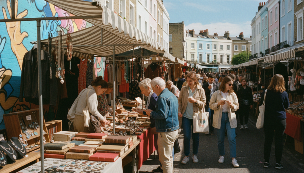 A bustling scene at Portobello Road Market, showcasing vibrant shops and stalls filled with antiques and colorful street art. In the foreground, a line of charming vintage stalls displays unique items like old books, vintage clothing, and handcrafted jewelry, surrounded by shoppers casually browsing. The middle ground features a diverse crowd of people, dressed in modest casual clothing, interacting and enjoying the lively atmosphere. In the background, the iconic pastel-colored buildings of Notting Hill rise against a bright, sunny sky, emphasizing the lively, cheerful ambiance. The image captures the essence of community and culture, with natural sunlight casting soft shadows, highlighting the textures of the market. Shot in 8k resolution with cinematic lighting, creating a warm, inviting feel.
