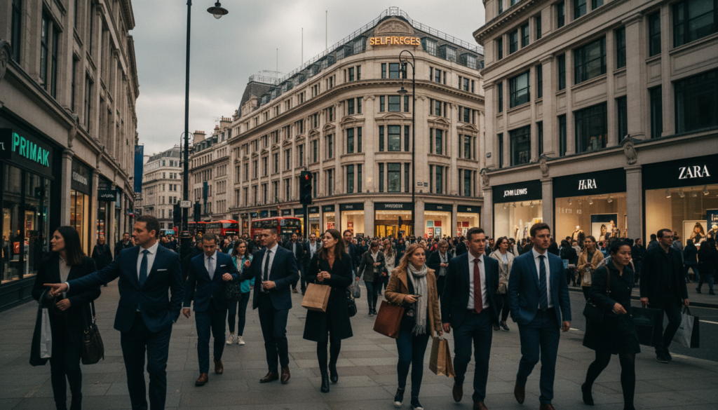 A bustling scene of Oxford Street during peak shopping hours, showcasing the iconic flagship stores and the majestic Selfridges building. In the foreground, diverse shoppers in professional business attire and modest casual clothing browse and interact with vibrant shop displays. The middle ground features a mix of modern storefronts and traditional architecture, all adorned with colorful storefront signs and lively window displays. The background captures the energy of Oxford Street, framed by bright city lights and a hint of overcast London skies. The atmosphere is dynamic and inviting, illuminated by cinematic lighting that enhances the textures of the buildings and the flow of people. Shot in 8k resolution, focusing on the details and creating a sense of nonstop shopping energy.