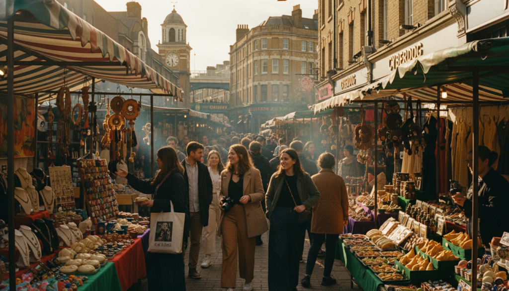 A bustling scene of popular markets and shopping areas in London, capturing the vibrant atmosphere of Camden Market with colorful stalls filled with arts, crafts, and street food in the foreground. In the middle, a diverse group of shoppers dressed in stylish yet modest casual clothing, browsing various boutique shops and interacting with vendors. The iconic architecture of historic buildings and colorful storefronts fills the background, enhancing the lively market vibe. Soft, cinematic lighting creates a warm and inviting feel, highlighting the textures of fabrics and food. Shot at a slight eye-level angle, this image should be richly detailed and in 8k resolution, conveying the excitement and diversity of London's shopping experience.