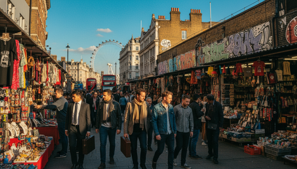 A bustling scene of popular markets and shopping areas in London, showcasing the vibrant atmosphere of Camden Market with colorful stalls filled with eclectic goods and food vendors. In the foreground, a diverse group of people in professional business attire and modest casual clothing browse the shops, engaged in lively conversation. The middle ground features a variety of unique boutiques and street art, while the background depicts iconic London architecture, including historical buildings and the outline of the London Eye against a clear blue sky. The image captures warm, cinematic lighting that enhances the vivid colors and intricate textures. Shot in 8k resolution for high detail, the overall mood conveys a sense of excitement and cultural richness.