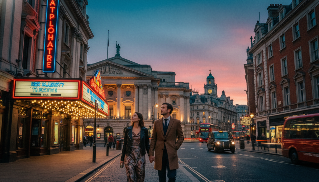 A bustling street scene in London's West End, showcasing iconic theatre and entertainment venues. In the foreground, a couple dressed in smart casual attire walks hand in hand, admiring the vibrant marquee lights of historical theatres. The middle ground features ornate building facades with rich architectural details, emphasizing the grandeur of venues like the Royal Opera House and the Apollo Theatre. In the background, a twilight sky casts a warm glow, highlighting the soft pink and orange hues mixing with the early evening blue. Cinematic lighting enhances the textures of the brick and stone, creating a lively atmosphere. Shot in 8k resolution, the image captures the essence of London's rich entertainment culture, inviting viewers to immerse themselves in this iconic locale.