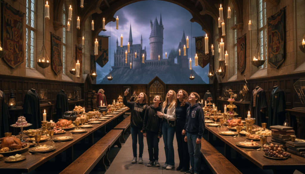 A captivating image of the Harry Potter Studio Tour, showcasing the iconic Great Hall with its long dining tables adorned with magical dishes, glowing candles floating above, and rich, stone walls. In the foreground, a diverse group of enthusiastic teenagers dressed in casual attire marvel at the enchanting details, their faces lit with wonder. The middle section features intricate props like wizarding robes and magical artifacts displayed around the hall, with warm, cinematic lighting highlighting the textures of the set. The background reveals the majestic Hogwarts castle replica, bathed in soft, atmospheric lighting that conveys a sense of magic and adventure. Capture the scene in 8k resolution, emphasizing the detailed textures and the palpable excitement in the air.