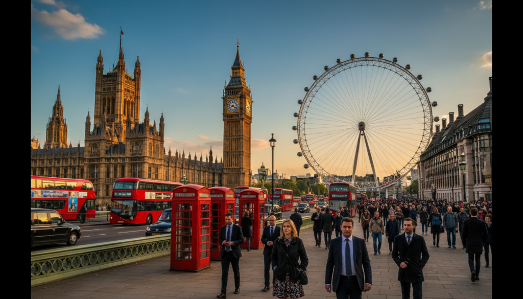 A captivating image showcasing unique attractions in London, featuring the iconic Big Ben and the Houses of Parliament in the foreground, bathed in warm, golden sunset light. In the middle ground, a vibrant street lined with traditional red telephone boxes and bustling pedestrians, dressed in professional business attire and modest casual clothing, exploring the area. In the background, the majestic London Eye can be seen against a clear blue sky, with a hint of fluffy clouds. The scene captures the lively atmosphere of the city, with cinematic lighting highlighting intricate architectural details. The composition is shot with a wide lens to emphasize the scale and allure of these landmarks, delivering a highly detailed texture in 8k resolution.