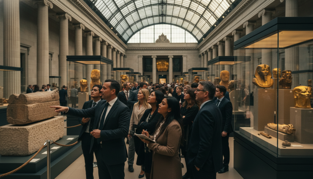 A captivating interior view of the British Museum, showcasing world-famous exhibits from diverse cultures, including the Rosetta Stone and ancient Egyptian artifacts. In the foreground, a diverse group of visitors in professional attire are engaged in awe, admiring the intricate details of the exhibits. The middle ground features well-lit glass display cases highlighting exquisite treasures, with rich textures of stone, metal, and fabric. In the background, the iconic architecture of the museum, with its grand columns and skylights, creates a stunning ambience. The scene is illuminated with soft, warm cinematic lighting that highlights the exhibits' intricate details and casts gentle shadows. Shot with an 85mm lens in 8k resolution for striking clarity, the atmosphere is one of education, wonder, and cultural appreciation.
