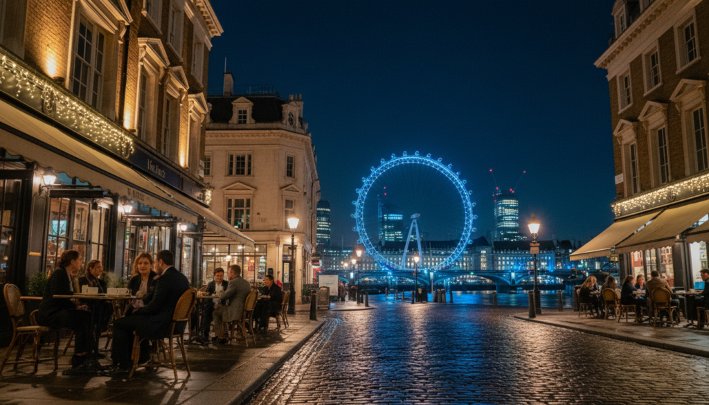 A captivating scene of after-dark London, featuring the iconic skyline lit up against a starry night sky. In the foreground, a quaint street lined with charming cafes and cozy outdoor seating, where individuals in professional attire enjoy warm beverages. The middle ground reveals the historic architecture of buildings bathed in ambient glow from vintage street lamps, casting mesmerizing reflections on wet cobblestones. In the background, the majestic silhouette of the London Eye illuminates the night, surrounded by twinkling city lights. Captured from a low angle, showcasing the grandeur of the structures, with a soft bokeh effect that enhances the intimate atmosphere. The mood is serene yet vibrant, celebrating the unique and lesser-known after-dark experiences in London. The image should have cinematic lighting, highly detailed textures, and crisp 8k resolution for every element to shine.