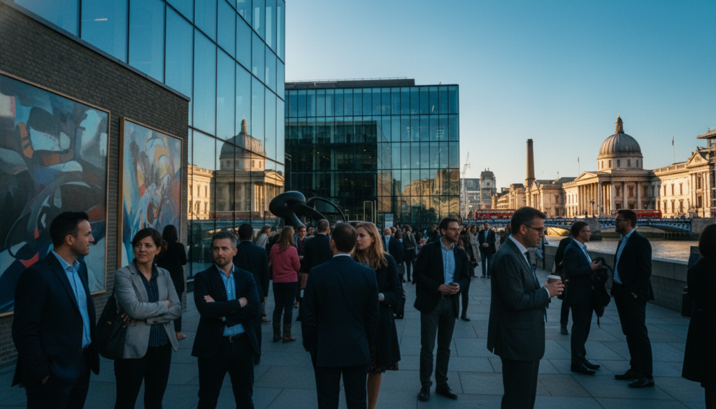 A captivating scene of celebrated art galleries in London, showcasing the iconic architecture of the Tate Modern and the National Gallery. In the foreground, visitors admire striking artworks, dressed in smart casual attire with diverse ethnic backgrounds. The middle ground features sleek glass facades reflecting the vibrant city life, while art enthusiasts engage in animated discussions. The background captures the historic charm of London with a clear blue sky and soft, golden sunlight streaming through, creating a warm and inviting atmosphere. The image is shot with a wide-angle lens, highlighting the grandeur of the galleries, featuring highly detailed textures and rich colors. The overall mood is inspiring and vibrant, illustrating the allure of London’s art scene. 8k resolution, cinematic lighting.