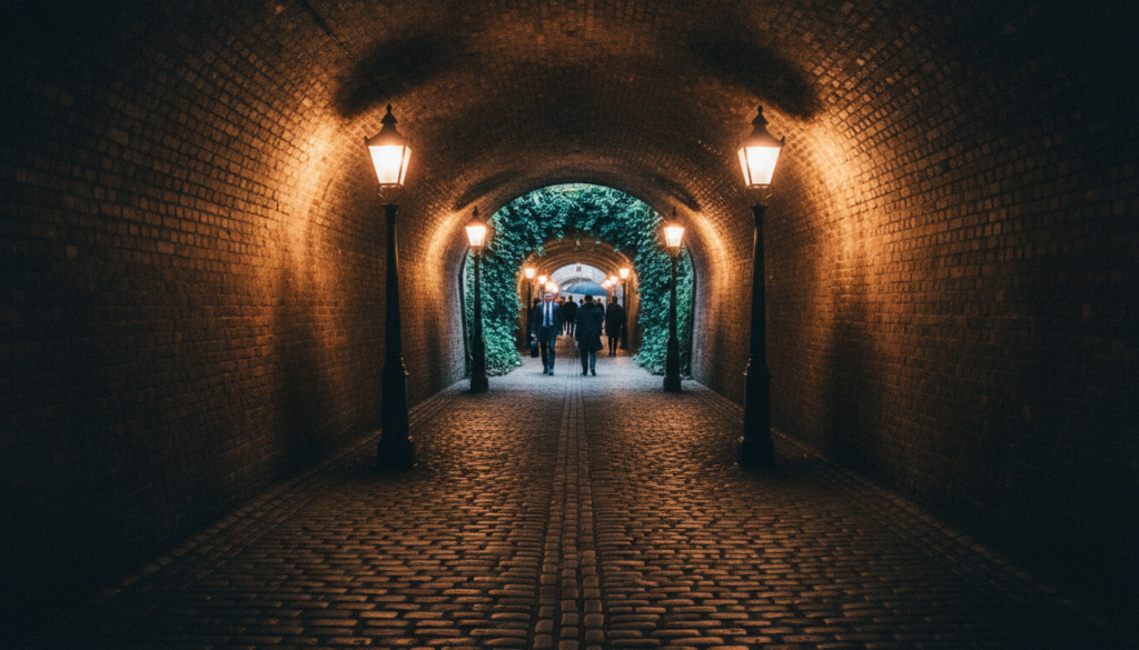 A captivating underground walking path in London, featuring a narrow tunnel with exposed brick walls and vintage lamppost lighting that casts warm, inviting glows. In the foreground, textured cobblestones give a sense of age and history, while the middle ground reveals an archway lined with ivy and faint shadows of passersby dressed in business attire. In the background, soft light filters through a distant arch, hinting at the exploration beyond. The atmosphere is both mysterious and intriguing, evoking a sense of adventure beneath the city's bustling streets. Photographed with a wide-angle lens to enhance the depth of field, the scene is rendered in 8k resolution with a focus on highly detailed textures, showcasing the contrast between modern life and the historic underground landscape.