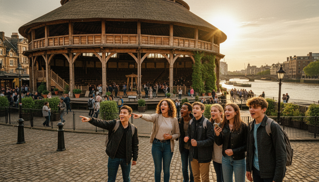 A captivating view of Shakespeare’s Globe Theatre in London, showcasing its iconic wooden structure and thatched roof. In the foreground, a group of diverse teenagers dressed in modest casual clothing are engaged, pointing at the theatre with expressions of awe. The middle ground features visitors exploring the vibrant courtyard filled with lush greenery, with detailed textures of the building adding historical depth. In the background, the River Thames glimmers under soft, golden sunlight, enhancing the rich colors of the scene. The atmosphere is lively and educational, with soft cinematic lighting creating an inviting warmth. The image should be captured in 8k resolution, highlighting the intricate details and inviting ambiance of this historical experience.