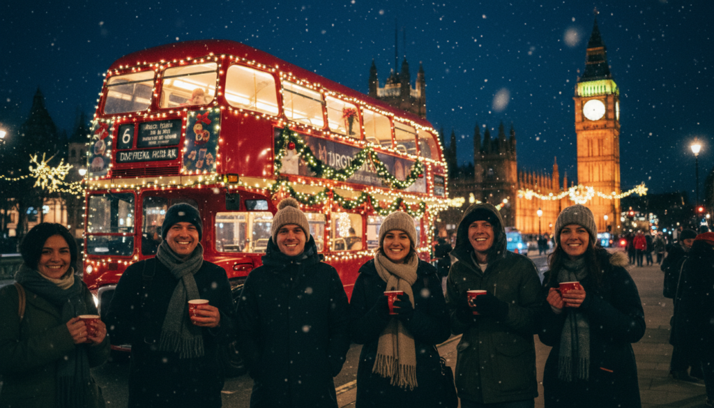 A cozy London street scene during a Christmas lights bus tour, featuring a red double-decker bus adorned with twinkling lights and decorations. In the foreground, happy families and friends in warm winter clothing, holding hot drinks, gather around the bus, eagerly capturing photos with their smartphones. The middle ground showcases iconic London landmarks, gently illuminated with vibrant holiday lights, creating a festive atmosphere. The background features a softly glowing night sky, with delicate snowflakes falling, casting a magical ambience. The lighting is cinematic, with warm tones and soft contrasts, emphasizing the textures of the architecture and festive decorations. The image captures the joy and warmth of a perfect Christmas night out in the heart of London. Rendered in 8k resolution for exquisite detail.