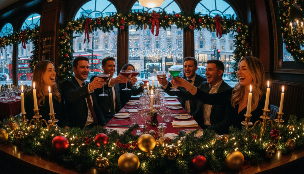 A cozy and inviting festive dining restaurant scene during Christmas, with elegantly set tables adorned with twinkling fairy lights and red and gold decorations in the foreground. In the middle, guests dressed in smart casual attire are enjoying vibrant Christmas cocktails, toasting with smiles, and sharing laughter, surrounded by beautifully decorated evergreen garlands. The background features large windows illuminated by soft, warm light spilling out onto a bustling London street adorned with colorful Christmas lights. Capture the atmosphere with cinematic lighting, highlighting the rich colors of the décor and the joyful expressions of the diners. Shot with a wide-angle lens for an immersive feel, and rendered in highly detailed textures at 8k resolution.