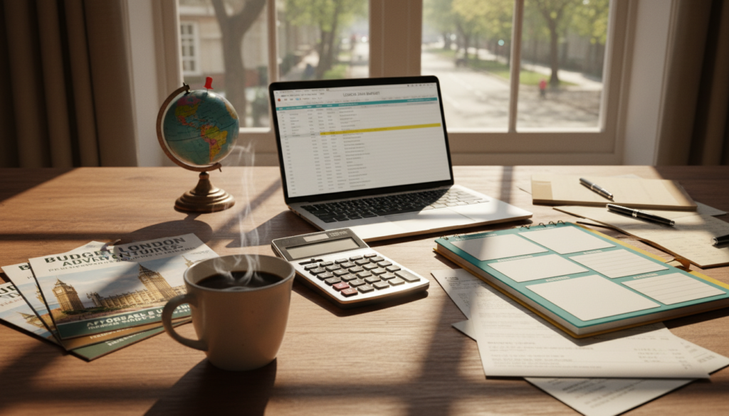 A cozy and inviting workspace setup for budget planning, featuring a wooden desk with neatly arranged items like a laptop, colorful budget planners, and a calculator. In the foreground, a steaming cup of coffee sits beside a stack of London travel brochures, hinting at budget-friendly attractions. The middle of the scene shows a detailed view of financial documents, pens, and a globe highlighting London. In the background, a soft-focus window reveals a sunny day, casting warm, natural light across the scene. The atmosphere is focused and productive, with an inviting ambiance created by the mixture of wooden textures and gentle sunlight. Shot in 8k resolution with cinematic lighting, providing highly detailed textures that emphasize a sense of preparation and organization.