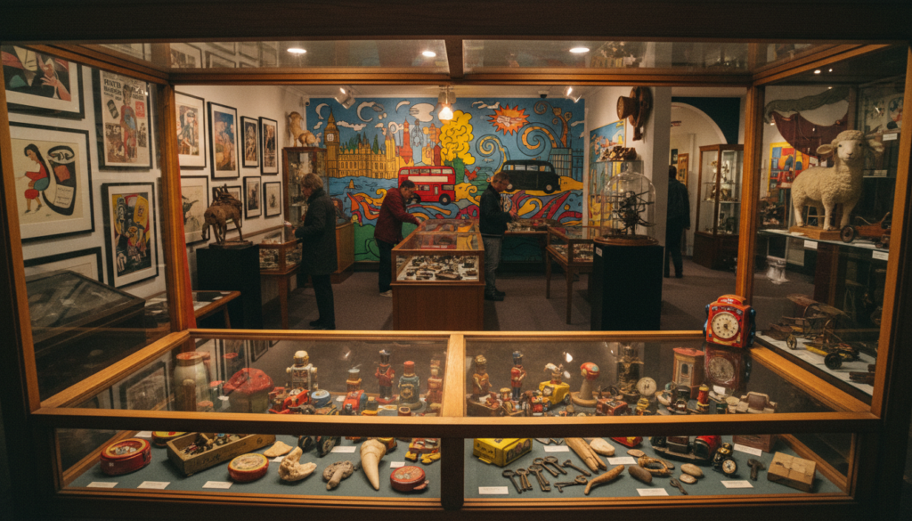 A cozy and quirky small museum in London, showcasing an eclectic collection of oddities and curiosities. In the foreground, a detailed display case filled with vintage toys and peculiar artifacts, their rich textures highlighted by soft, cinematic lighting. The middle ground features a narrow aisle lined with whimsical art and unusual exhibits, inviting exploration. In the background, a colorful mural depicting iconic London scenes adds vibrancy to the space. The atmosphere is warm and inviting, perfect for sparking curiosity. The image is captured in 8k resolution with a focus on rich details and textures, using a wide-angle lens to emphasize the intimate scale of the museum. Ensure the scene is lively yet calm, reflecting the charm and uniqueness of small museums in the city.