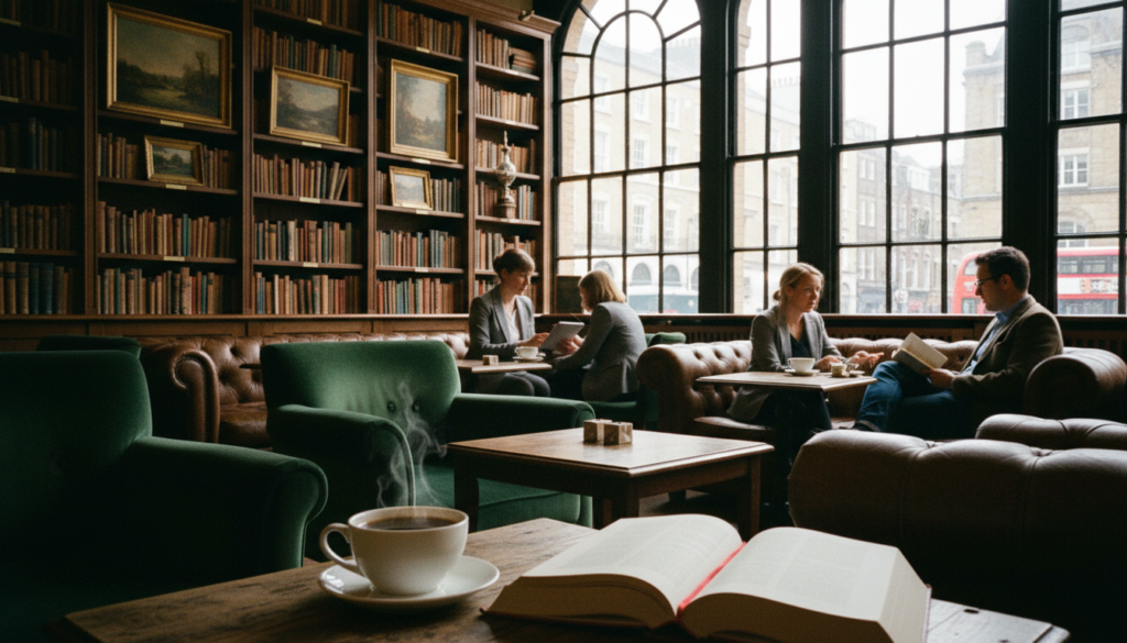 A cozy, elegantly designed library café in London, filled with shelves of books, framed artwork, and stylish, vintage furniture. In the foreground, a wooden table is adorned with a steaming cup of coffee and an open classic book, inviting readers to immerse themselves. The middle ground features comfortable seating areas where people, dressed in professional business attire and modest casual clothing, are engaged in reading and discussion. The background showcases large windows, allowing soft, natural light to flood the space, enhancing the warm, welcoming atmosphere. The scene is captured with a shallow depth of field, emphasizing the details of the textures, such as the wood grain and the rich fabrics. The overall mood is inspiring and tranquil, ideal for bibliophiles and design enthusiasts alike. Raw photograph, cinematic lighting, highly detailed textures, 8k resolution.