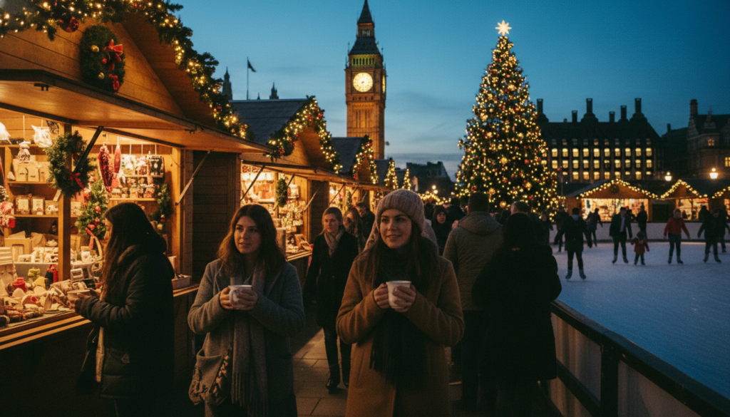 A cozy, immersive Christmas market in London, featuring intricately decorated wooden stalls adorned with twinkling fairy lights and festive wreaths. In the foreground, people in modest casual clothing stroll with cups of steaming hot chocolate, their breath visible in the crisp winter air. The middle ground includes a large, beautifully lit Christmas tree, surrounded by holiday decorations, while joyful families enjoy ice skating nearby. In the background, classic London architecture stands illuminated against a twilight sky, with soft, glowing lights reflecting the spirit of the season. Capture the scene in raw photograph style with cinematic lighting, showcasing highly detailed textures in 8k resolution, evoking a warm and inviting atmosphere.