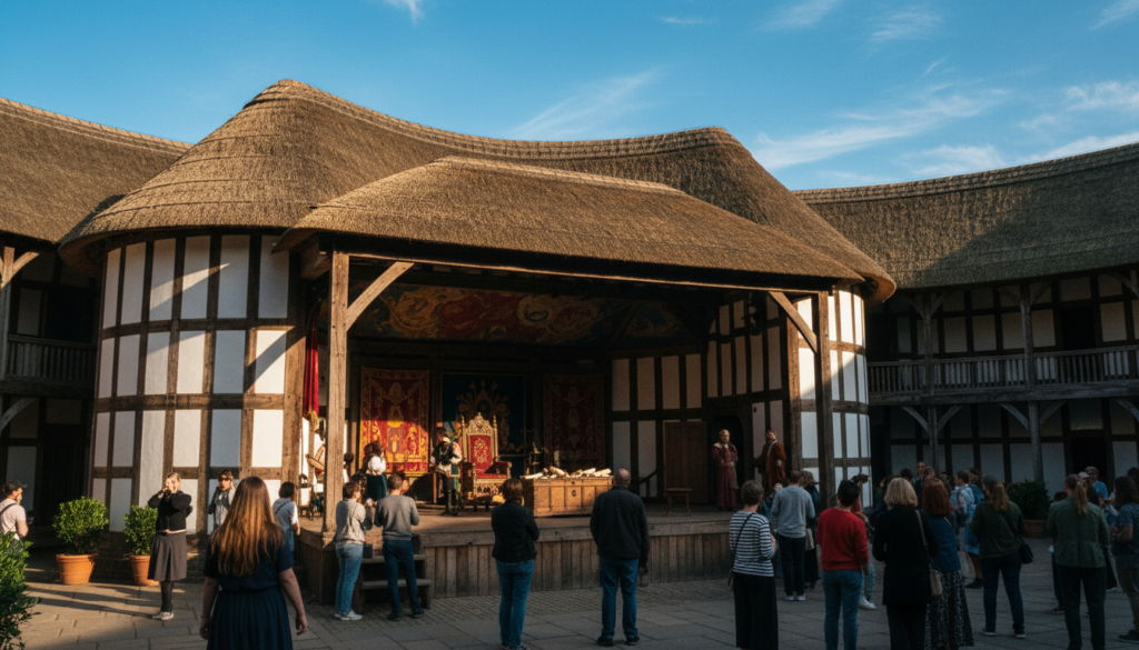 A detailed view of Shakespeare's Globe Theatre, a stunning Tudor-style architectural gem, showcasing its iconic thatched roof and wooden framework in the foreground. The stage is set with period-accurate props, immersing the viewer in the world of Elizabethan theatre. In the middle ground, a vibrant crowd of visitors dressed in contemporary modest clothing, reflecting appreciation for history, interacts with the space, some taking photos. The background features a clear blue sky with wispy clouds, contrasting the warm wooden tones of the theatre. Soft, cinematic lighting casts gentle shadows, enhancing the textures of the timber and surrounding landscaping. The scene captures the lively atmosphere of this renowned heritage site, inviting viewers to experience its historical significance. 8k resolution, focusing on highly detailed textures for rich visual impact.