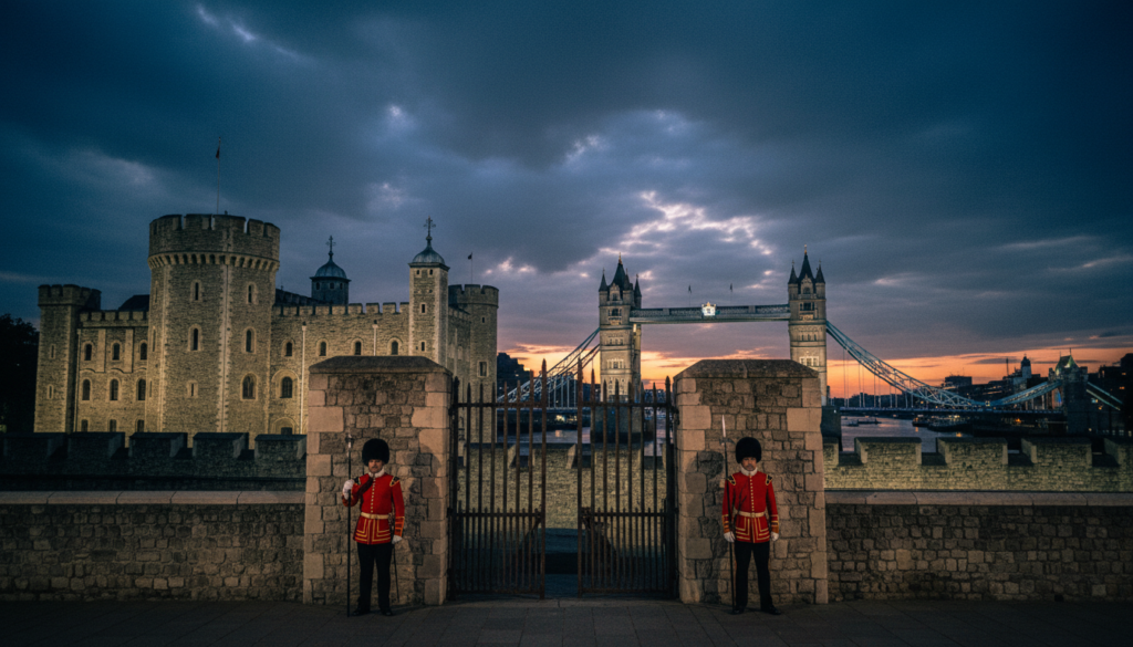 A dramatic, raw photograph of the Tower of London at dusk, showcasing its ancient stone walls and towers with intricate textures, illuminated by moody cinematic lighting that casts deep shadows. In the foreground, a detailed view of the iconic Iron Gate and the Beefeaters in their traditional uniforms, standing guard with resolute expressions, capturing the essence of British history. The middle ground features the majestic Tower Bridge, its Gothic architecture contrasted against a darkening sky. In the background, ominous clouds hover, hinting at the stories of treachery and intrigue associated with the site. Capture this scene in 8k resolution, emphasizing the history and atmosphere, as if inviting viewers to step back in time into London's storied past.