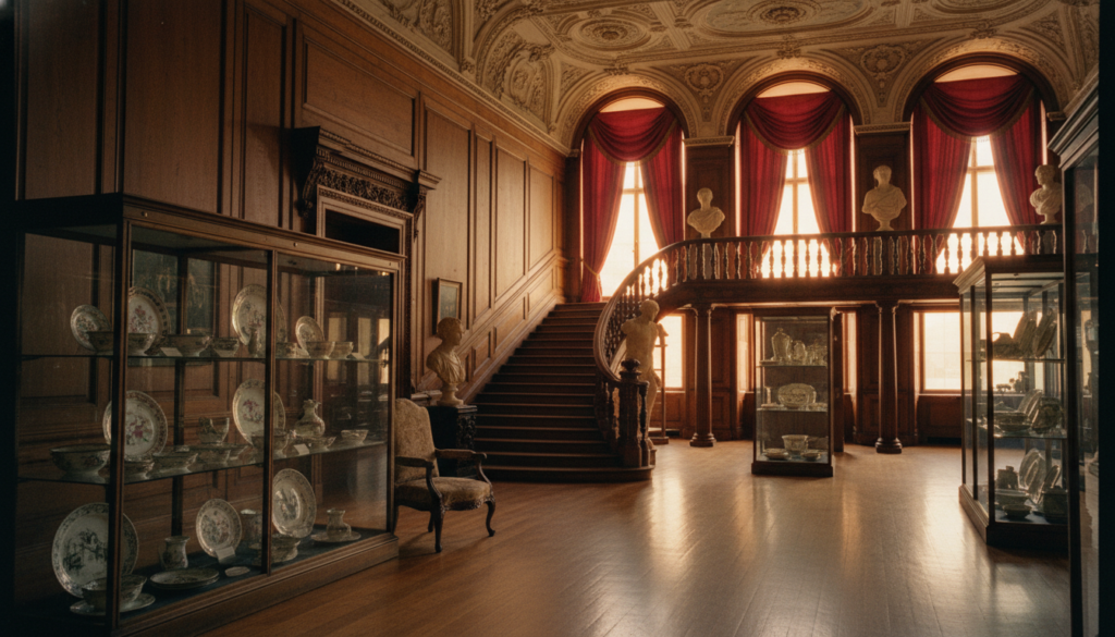 A grand Georgian era museum interior, showcasing intricate wood paneling and high ceilings adorned with ornate plasterwork. In the foreground, elegant display cases exhibit well-preserved artifacts, including fine porcelain and period furniture. The middle layer features rich, polished hardwood floors and a sweeping staircase leading to a balcony filled with classical sculptures. The background includes large windows draped with heavy velvet curtains, allowing warm, golden sunlight to filter in, creating a soft and inviting atmosphere. The scene is captured in a raw photograph style with cinematic lighting, emphasizing the highly detailed textures of the walls and exhibits, presented in stunning 8k resolution. The mood is one of historical reverence and sophistication, drawing the viewer into a bygone era of elegance.