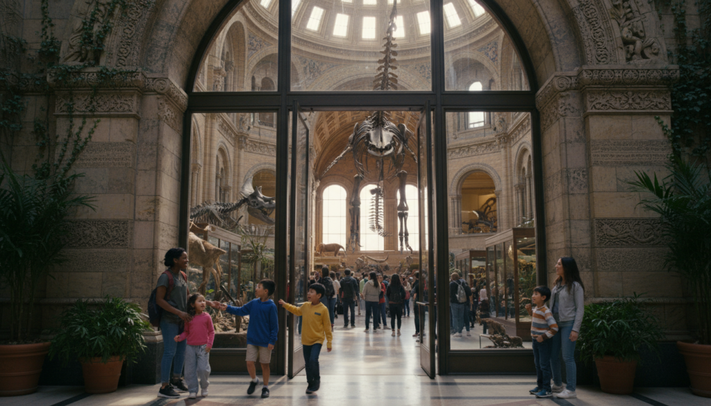 A grand natural history museum entrance, featuring an ornate facade with intricate stone carvings, lush greenery framing the entrance. In the foreground, diverse families of various ethnicities excitedly walk toward the entrance, children pointing in awe at dinosaur skeletons visible through large glass doors. In the middle ground, a spacious, bustling lobby exhibits soaring ceilings and a massive blue whale skeleton hanging from above, with visitors exploring exhibits. The background showcases a bright, sunny day, with sunlight streaming through tall windows, casting soft shadows on the marble floor. Captured in a raw photograph style with cinematic lighting, highly detailed textures, and in 8k resolution, the atmosphere is vibrant, inviting, and filled with wonder, perfect for a fun day out.
