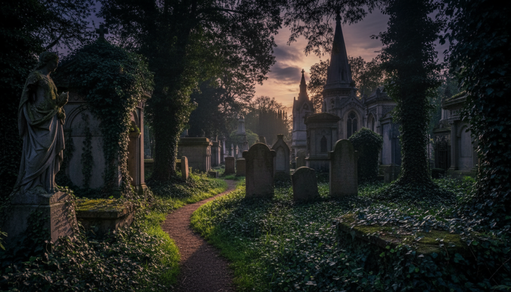 A haunting and atmospheric view of Highgate Cemetery at dusk, showcasing the intricate Gothic architecture and weathered gravestones. In the foreground, a narrow, winding path lined with lush overgrown foliage leads deeper into the cemetery, dotted with ancient statues and elaborate mausoleums shrouded in ivy. The middle ground features a cluster of tall, crumbling tombstones cast in shadows, illuminated by ethereal, soft golden light filtering through the trees. In the background, silhouettes of towering crypts and the iconic spires stand against a moody, twilight sky painted in deep purples and blues. The scene evokes a sense of eerie beauty and history, with highly detailed textures and a raw photographic quality, emphasizing the intricate details of the cemetery’s design. The image should be captured with a low-angle perspective, creating a sense of grandeur while maintaining a serene yet spooky atmosphere.