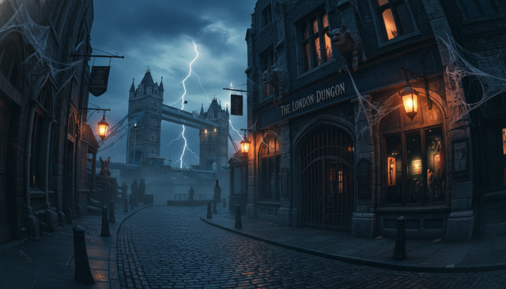 A haunting scene of the London Dungeon and London Bridge Experience at dusk, illuminated by flickering lanterns casting eerie shadows. In the foreground, a misty cobblestone street lined with old Gothic architecture, featuring ominous gargoyles and cobwebs. The middle ground reveals a sinister-looking entrance to the London Dungeon, adorned with rusty iron bars and dimly lit windows, giving a glimpse of shadowy figures within. In the background, the iconic London Bridge silhouetted against a dramatic, cloudy sky, with ominous streaks of lightning. The atmosphere is thick with suspense and mystery, evoking a sense of thrill. The image should have raw photographic quality, vibrant details, shot with a wide-angle lens to capture the full scene, all while maintaining a chilling yet captivating mood, rendered in 8k resolution.