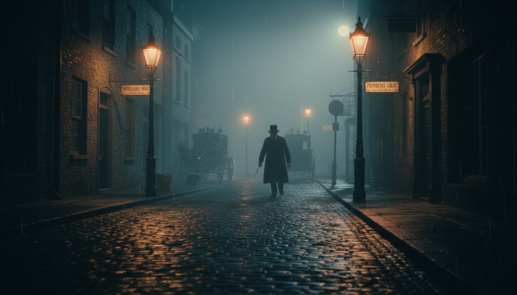 A hauntingly atmospheric scene set in a foggy, Victorian London street at night, capturing Jack the Ripper as a shadowy figure moving stealthily through the mist. The foreground features cobblestone streets glistening with rain, illuminated by flickering gas lamps casting eerie glows. The middle ground reveals dark, narrow alleyways lined with aged brick buildings. In the background, silhouettes of horse-drawn carriages and vintage street signs hint at the bustling city. Utilize cinematic lighting that enhances the mood of mystery and tension. The overall aesthetic is gritty yet detailed, with a focus on rich textures and contrasts, depicted in 8k resolution for a sharp, immersive experience.