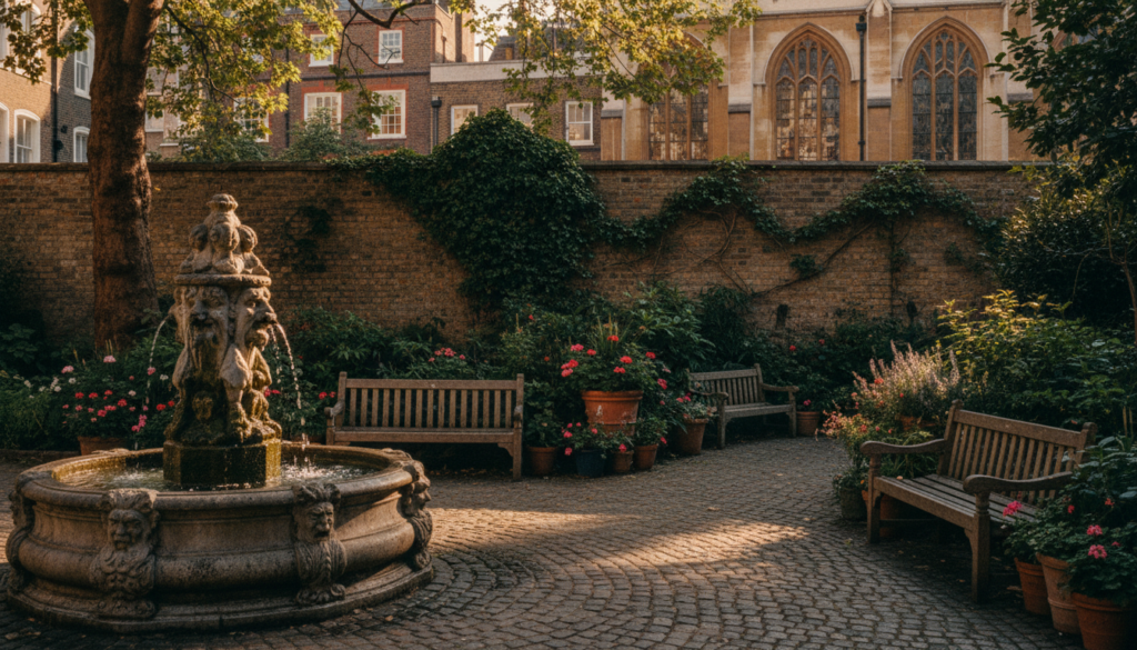 A hidden courtyard in central London, featuring charming brick walls adorned with climbing ivy and colorful potted plants. In the foreground, an ornate stone fountain with gentle water flow adds a serene ambiance. The middle ground showcases quaint wooden benches and cobblestone pathways inviting exploration. The background reveals glimpses of traditional London architecture, including a historic building with large arched windows. Soft golden hour lighting casts warm shadows, creating a cozy atmosphere. Capture the scene with a wide-angle lens for depth, ensuring highly detailed textures in 8k resolution. The mood is inviting and tranquil, suggesting a hidden gem waiting to be discovered in the heart of the city.